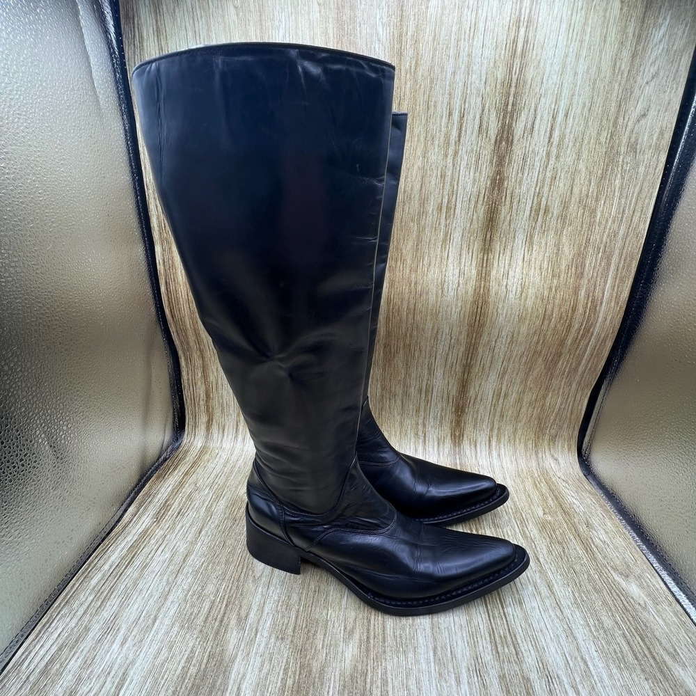 Gianni Barbato Tall Boots Women's 6.5 Black Leather Pointed Toe Side‎ Zip Italy